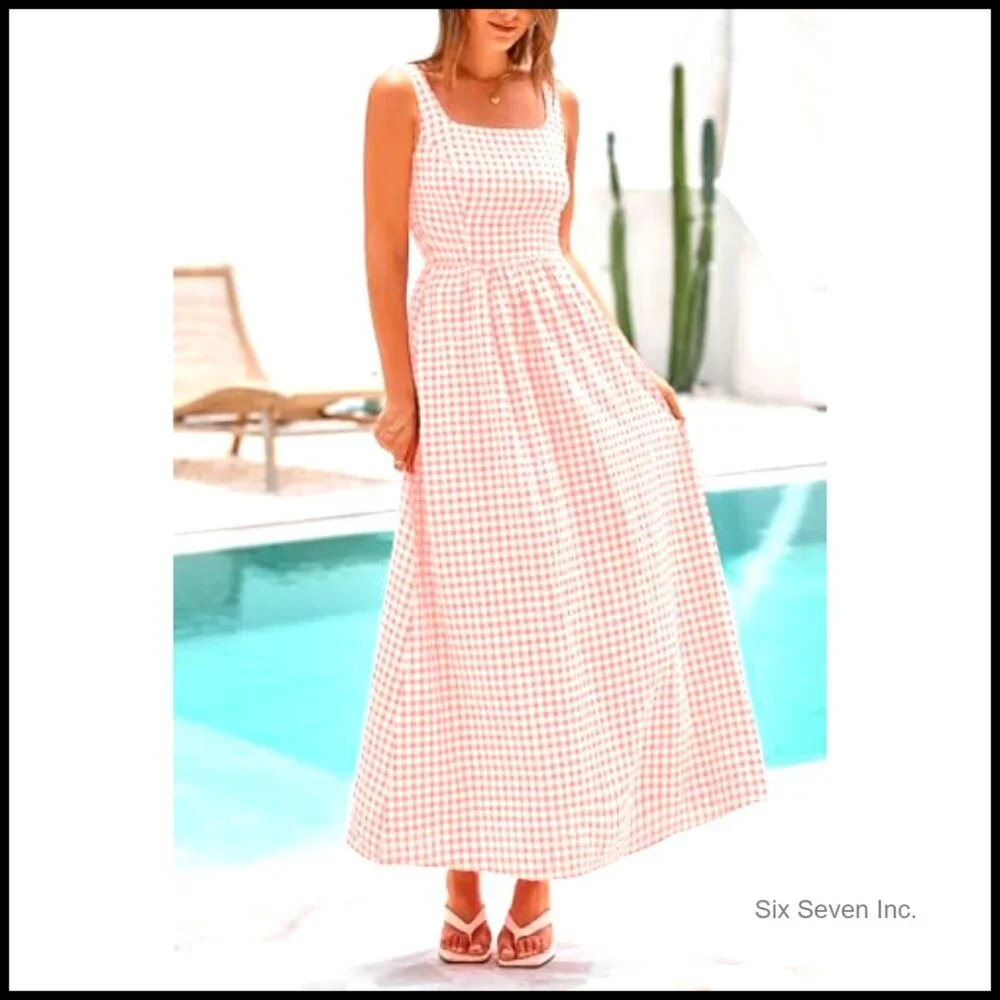 Plaid Maxi Sundress Square Neck Spaghetti Strap A-Line Smocked Back Pockets - Picture 6 of 7